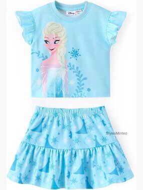 Disney Frozen Elsa Girls' 2-Piece Skirt Set Ruffle Short Sleeve Summer Outfit